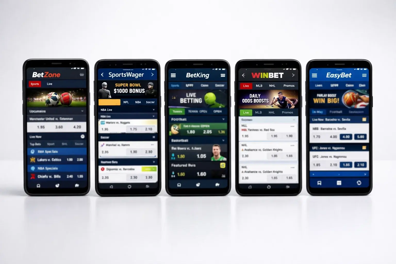Múltiples smartphones mostrando diferentes aplicaciones de apuestas deportivas