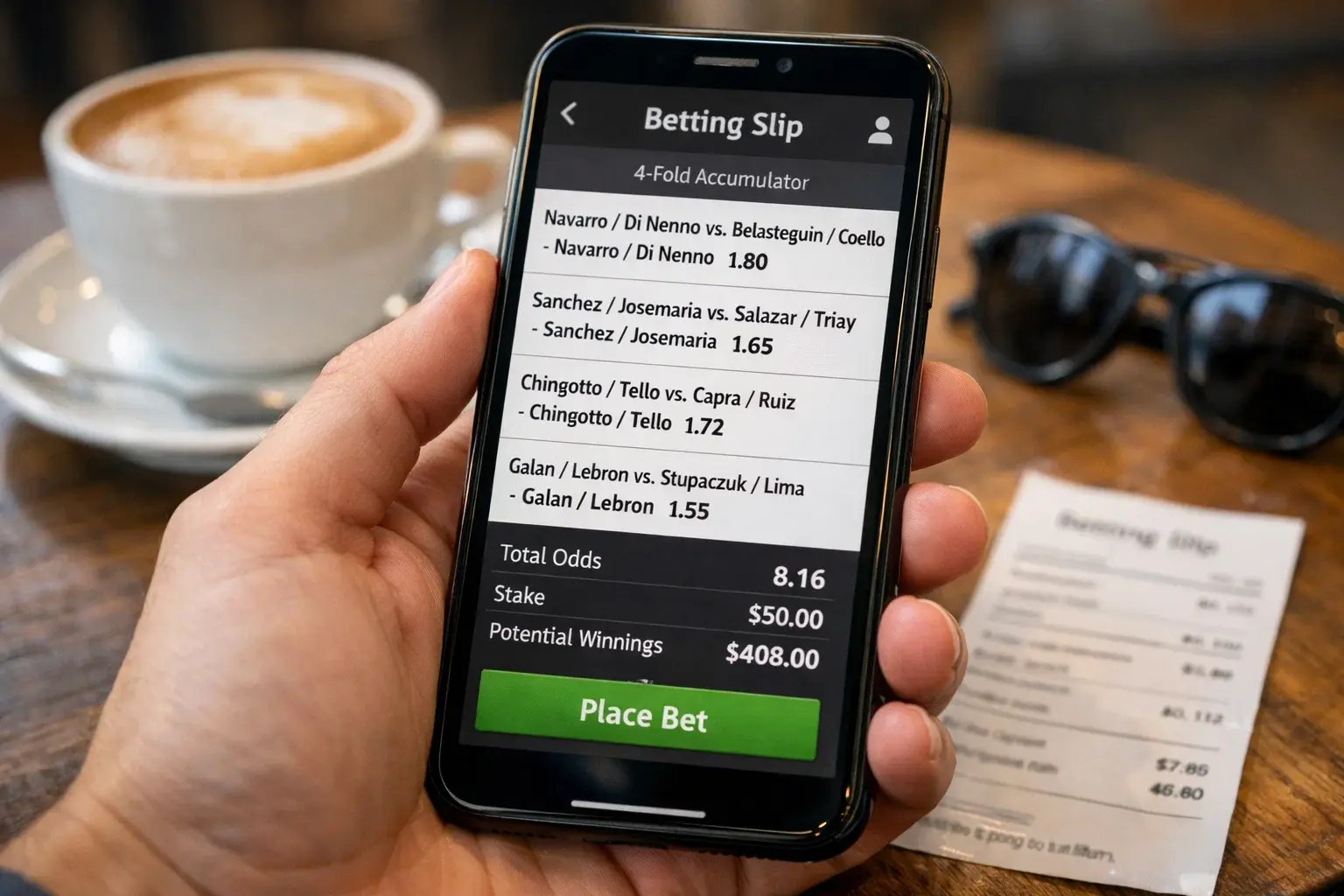 Boleto de apuesta combinada con múltiples selecciones de partidos de pádel
