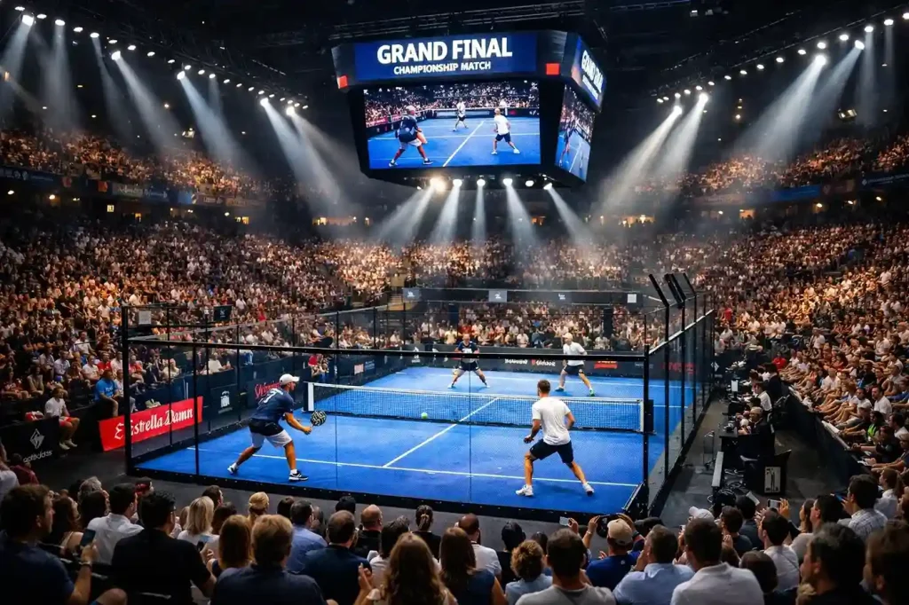Final de torneo Major de pádel con pista central llena de espectadores