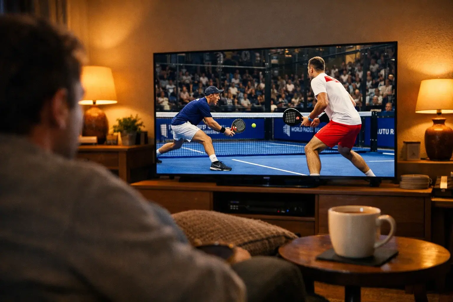 Apostador siguiendo partido de pádel en directo en pantalla