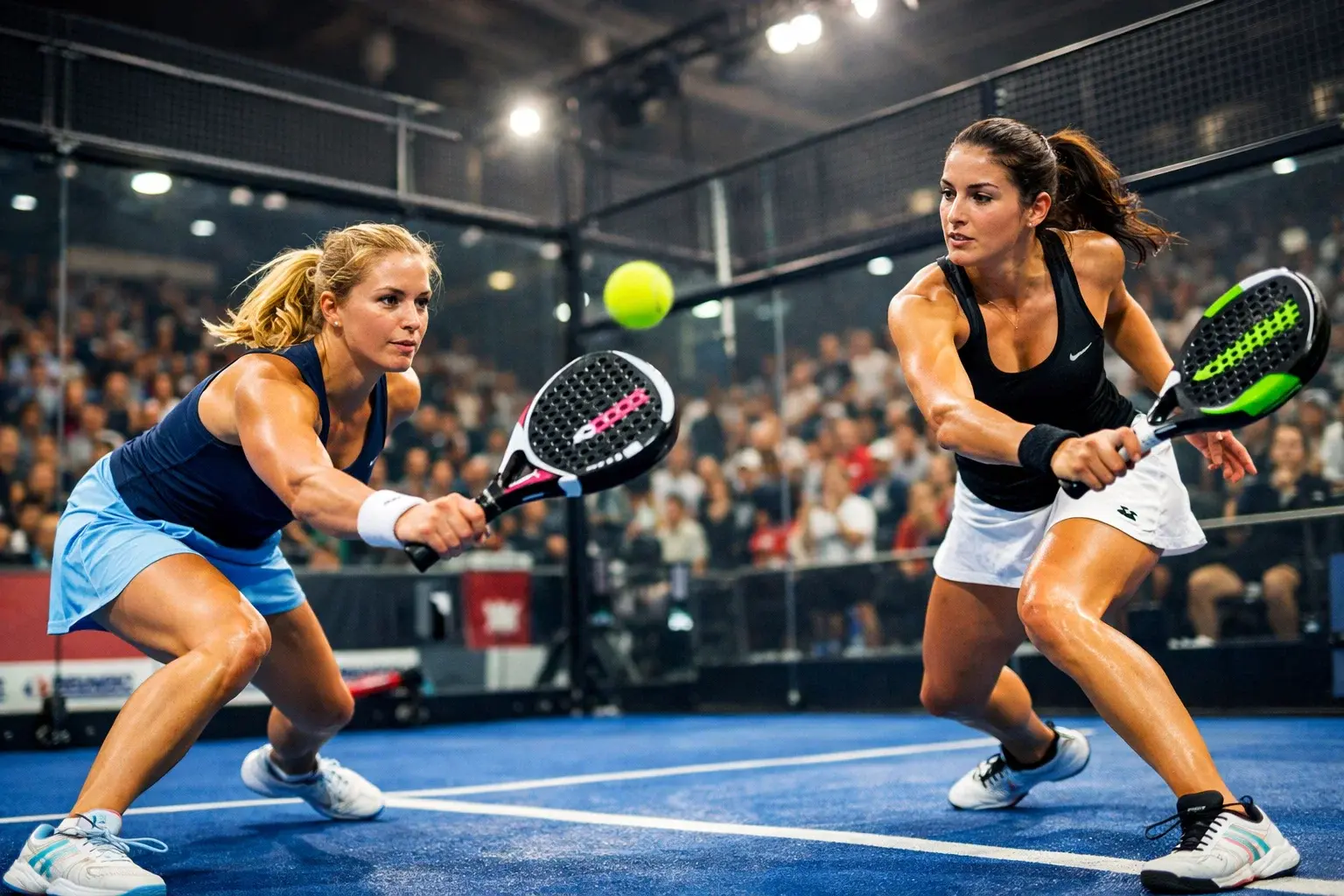 Jugadoras de pádel profesional durante partido del circuito femenino