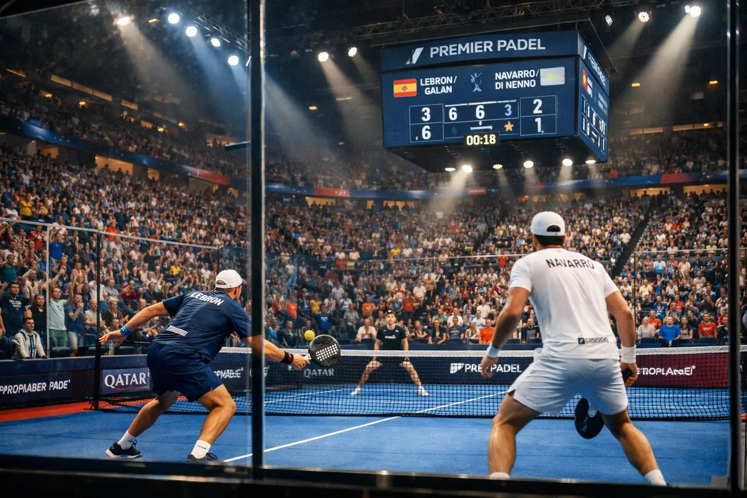 Partido de Premier Padel en estadio con público y pantallas de cuotas de apuestas