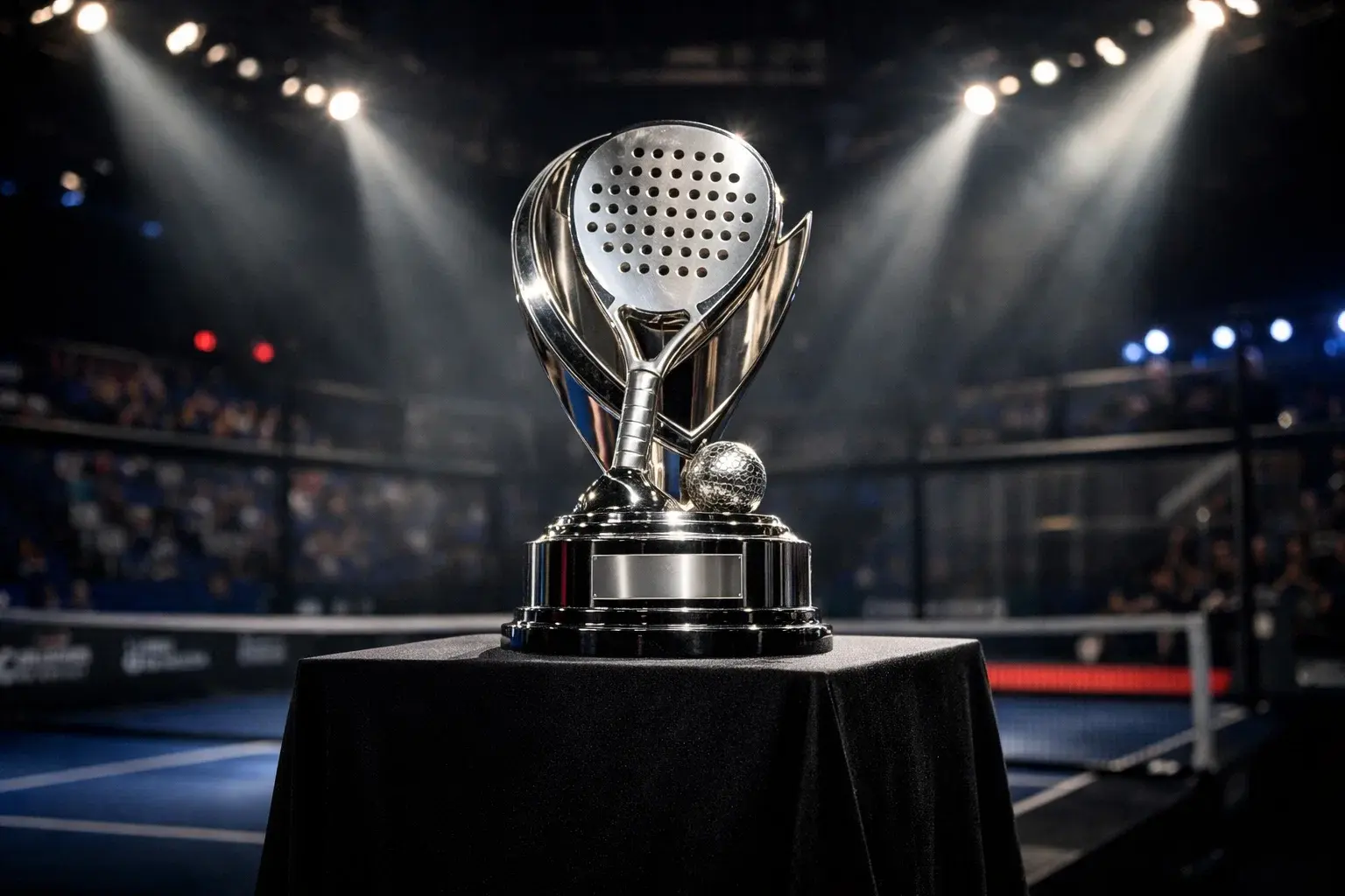 Trofeo de torneo de pádel profesional sobre pedestal en escenario