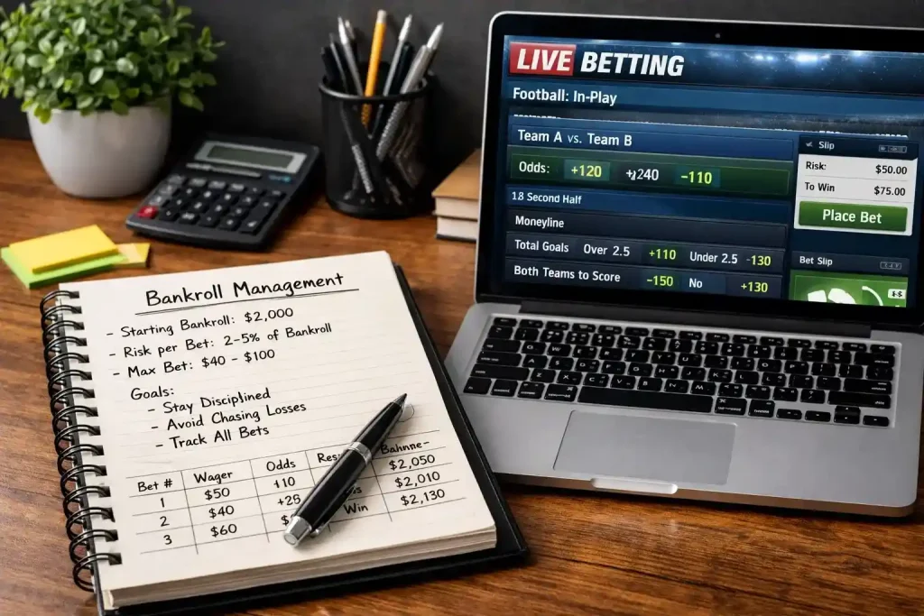Cuaderno con cálculos de gestión de bankroll junto a laptop