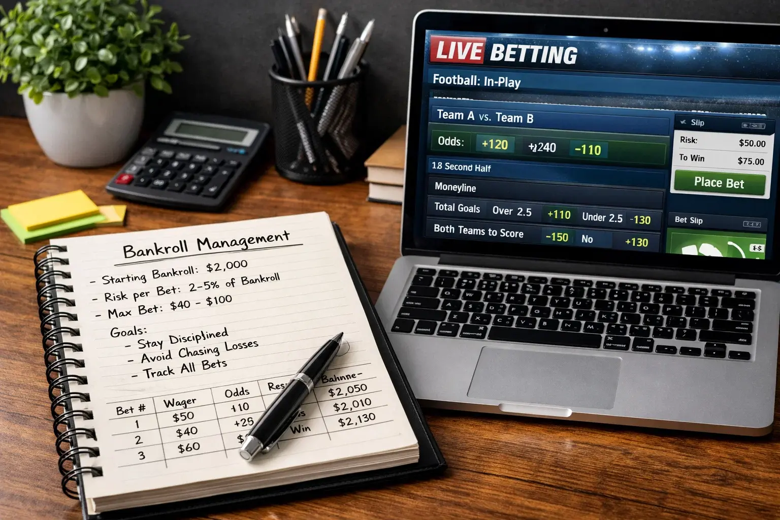 Cuaderno con cálculos de gestión de bankroll junto a laptop