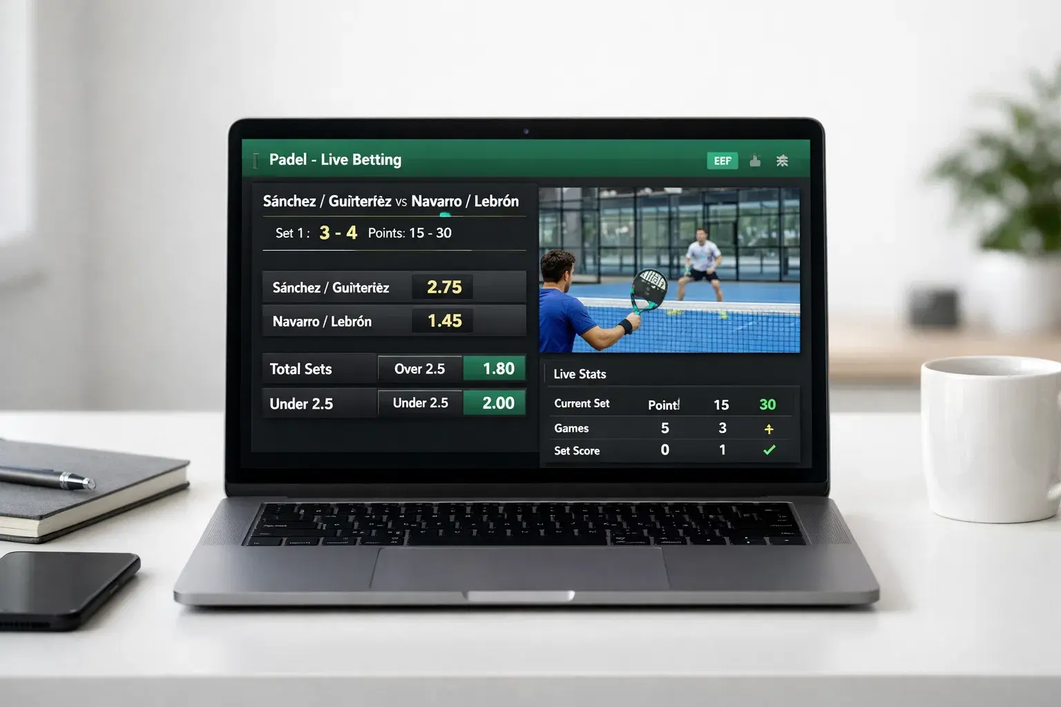 Pantalla de ordenador mostrando una plataforma de apuestas deportivas con mercados de pádel y partido en directo