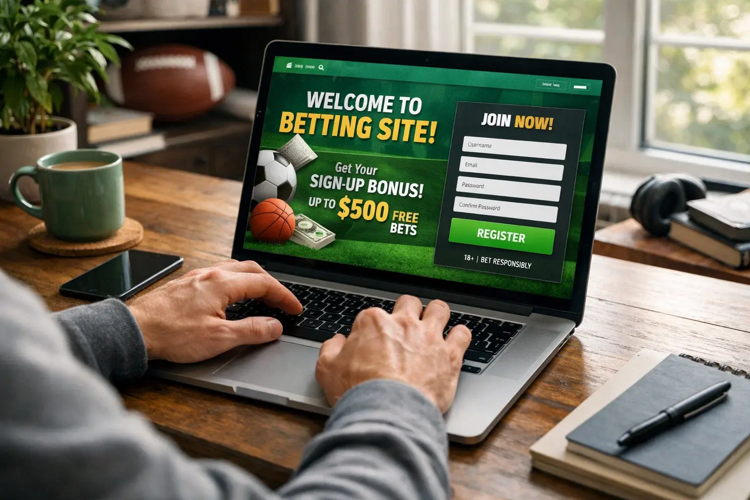 Usuario registrándose en plataforma de apuestas deportivas desde portátil