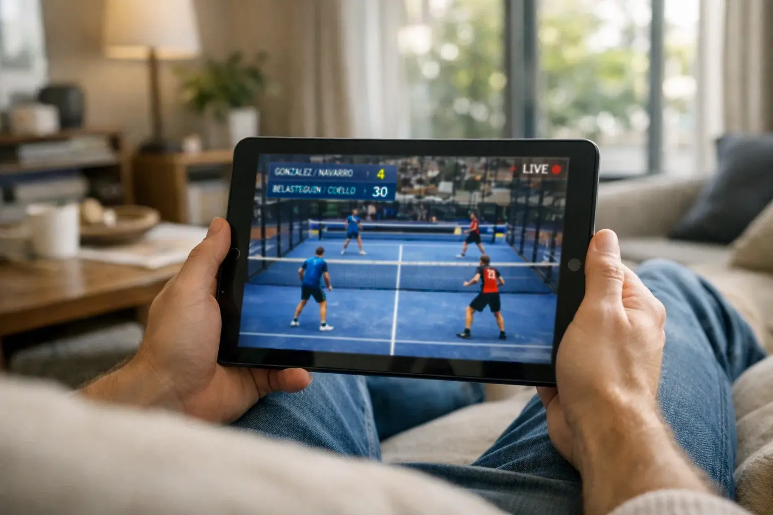 Tablet mostrando transmisión en vivo de partido de pádel profesional con marcador