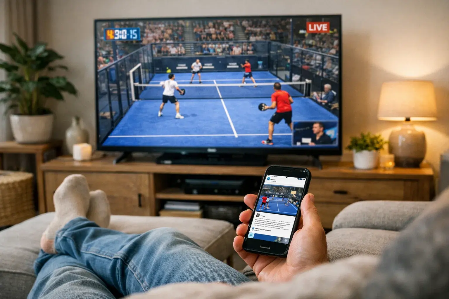 Persona viendo partido de pádel en televisión con smartphone en mano