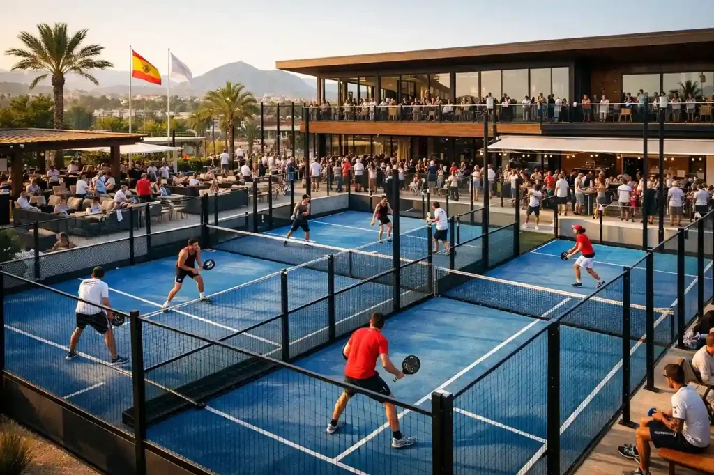 Club de pádel español con múltiples pistas ocupadas por jugadores