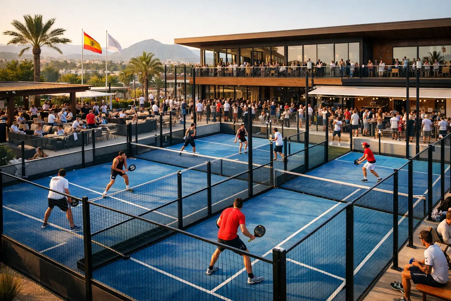 Club de pádel español con múltiples pistas ocupadas por jugadores