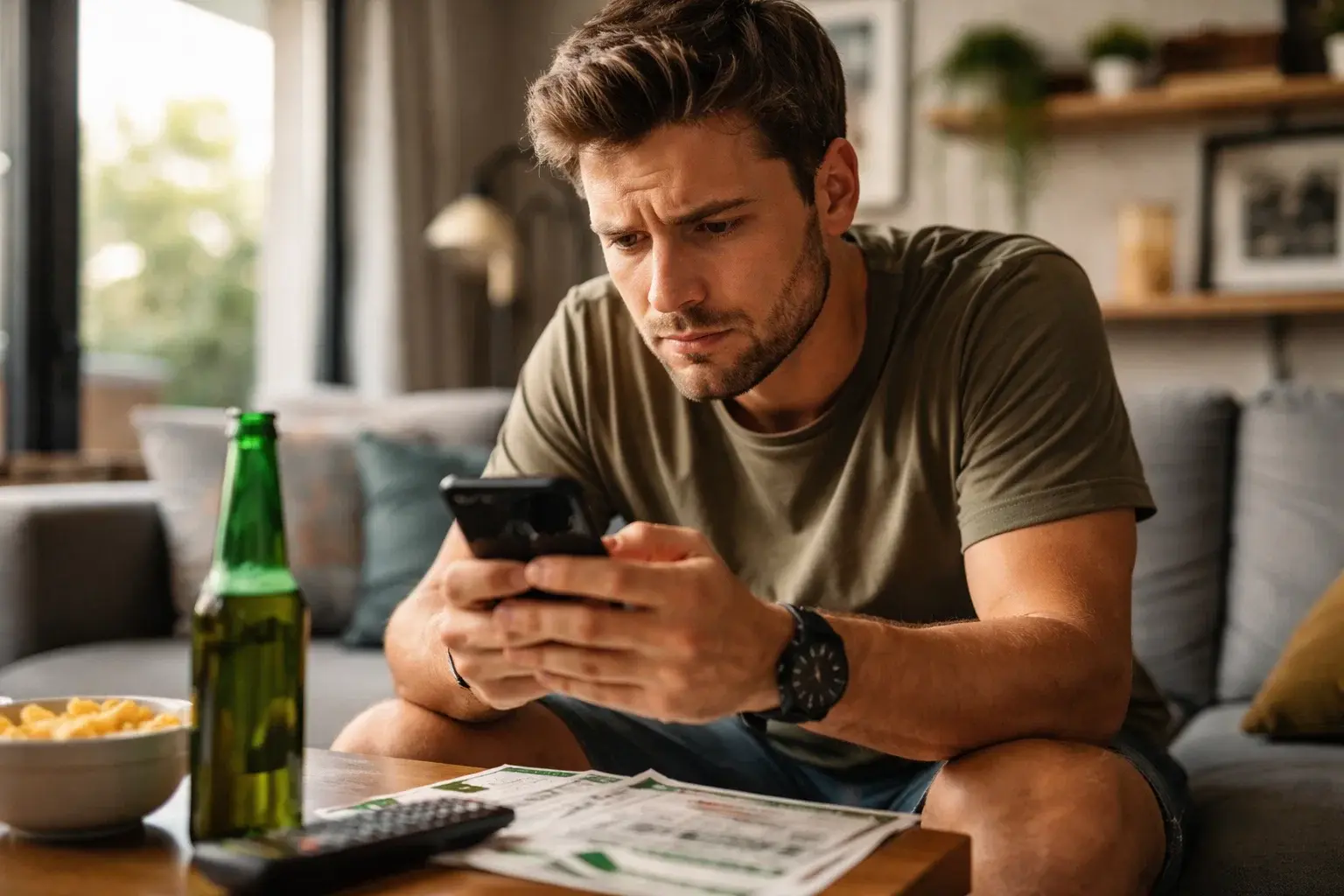 Persona frustrada revisando resultados de apuestas en smartphone