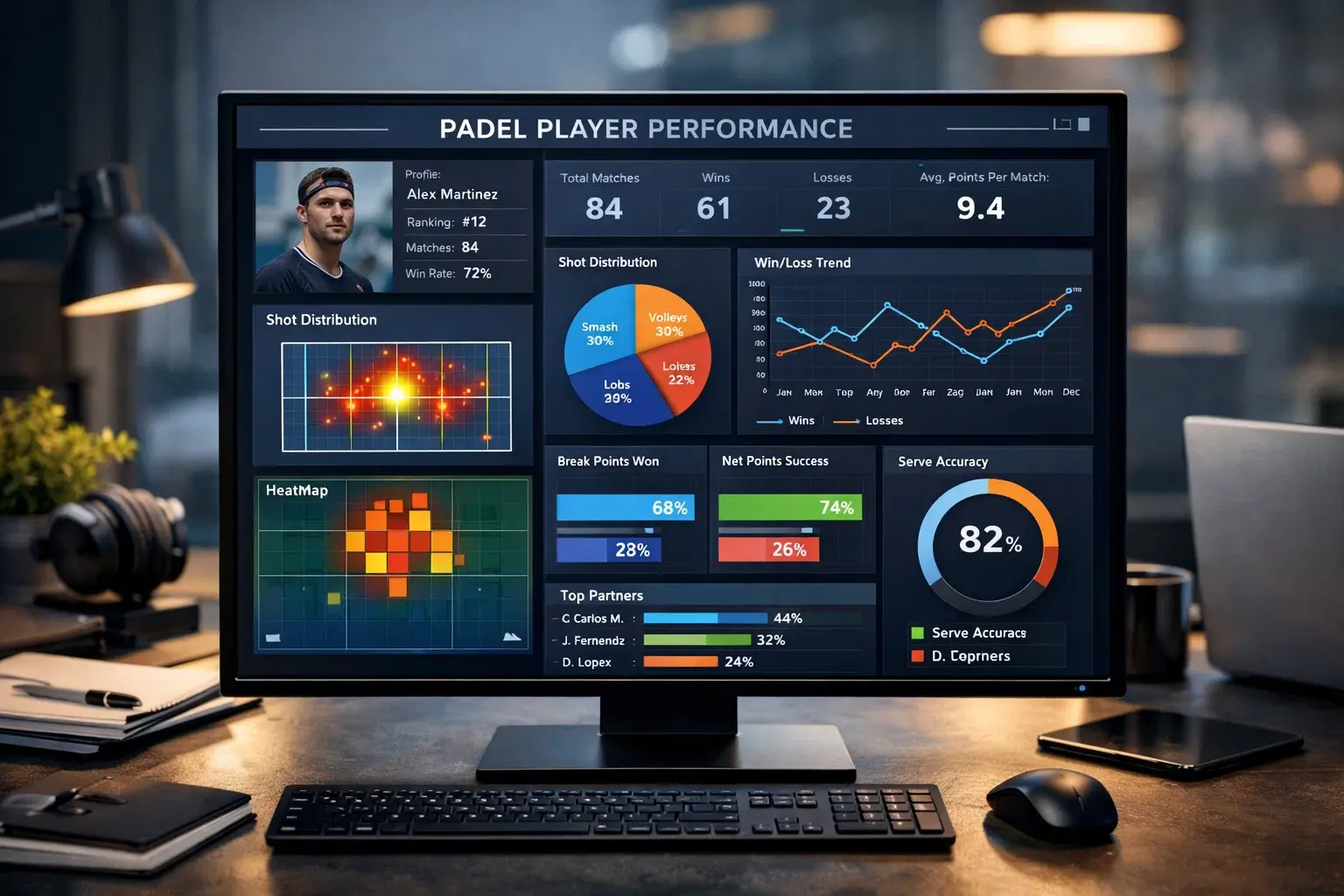 Dashboard de estadísticas deportivas con datos de rendimiento de jugadores de pádel
