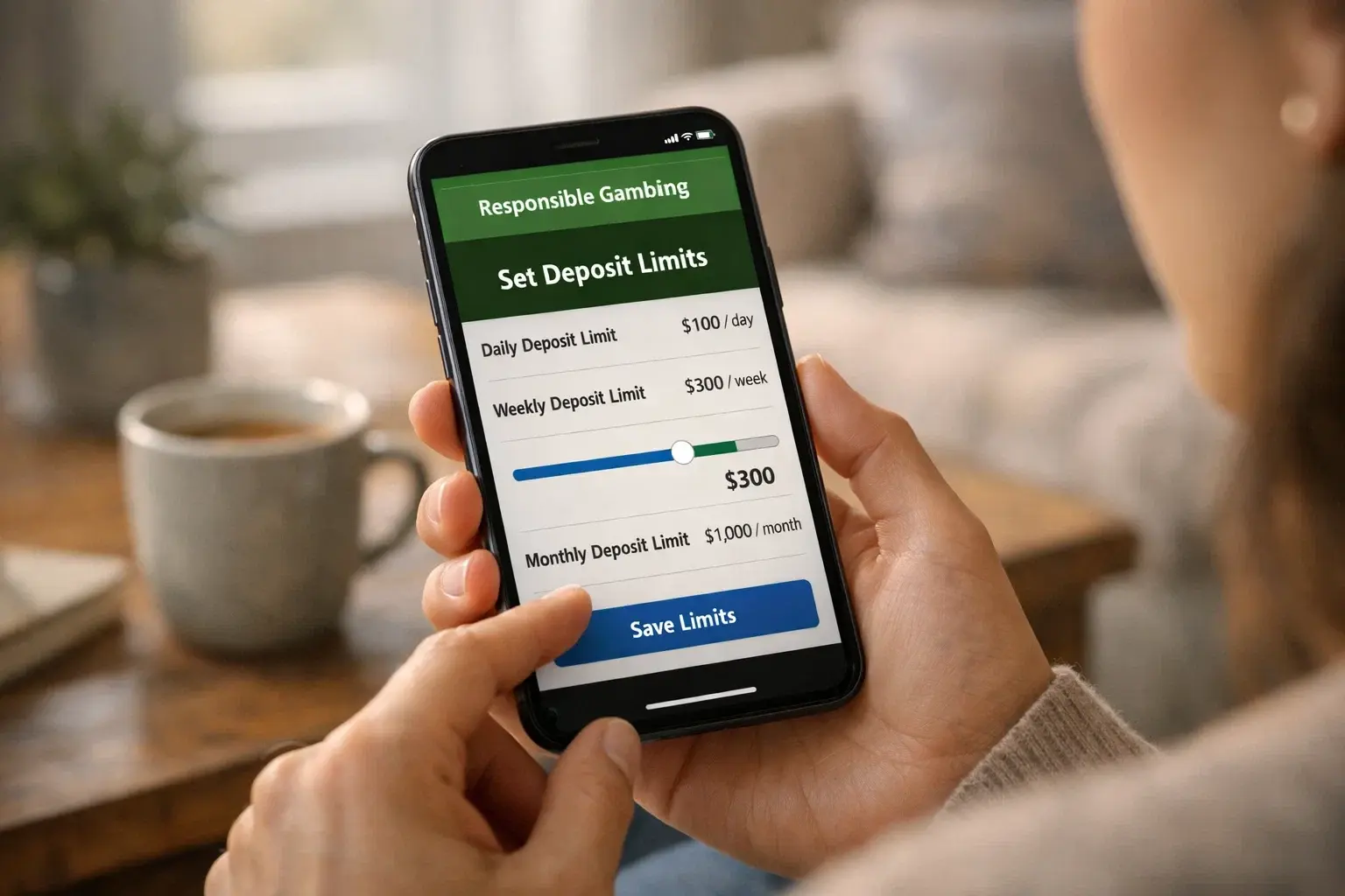 Persona configurando límites de depósito en aplicación de apuestas