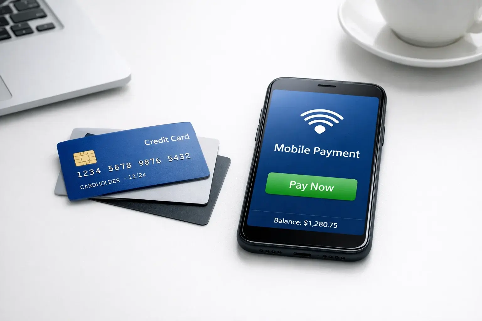 Tarjetas de crédito y smartphone con aplicación de pago móvil