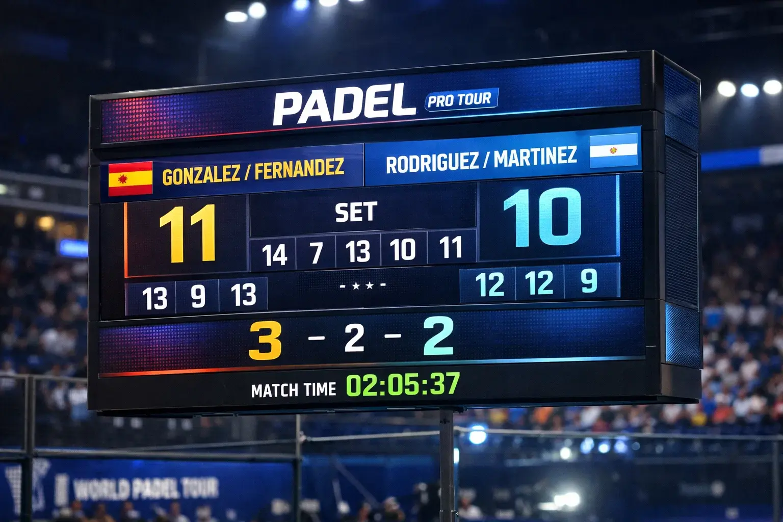 Marcador de partido de pádel mostrando resultado con muchos juegos