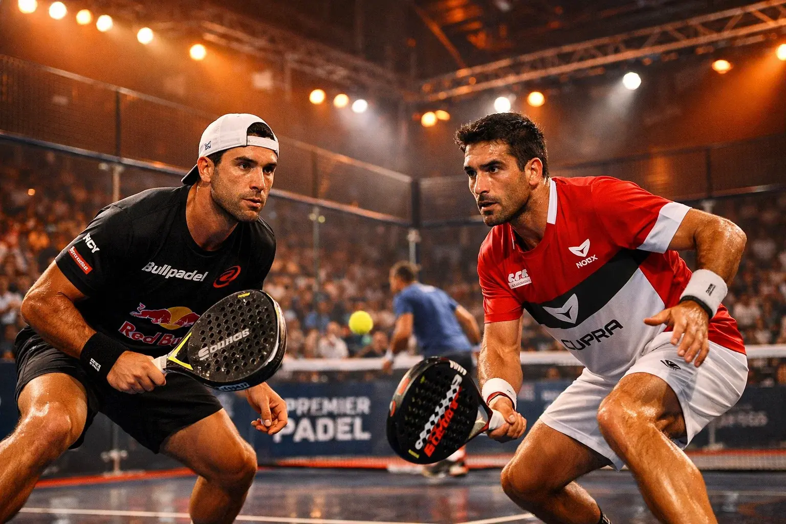Jugadores de pádel profesional en acción durante un torneo Premier Padel