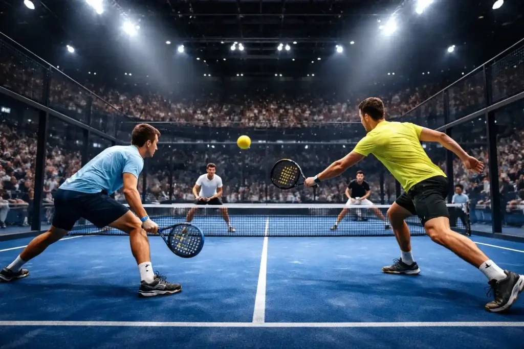 Pista de pádel profesional con jugadores durante partido de torneo oficial