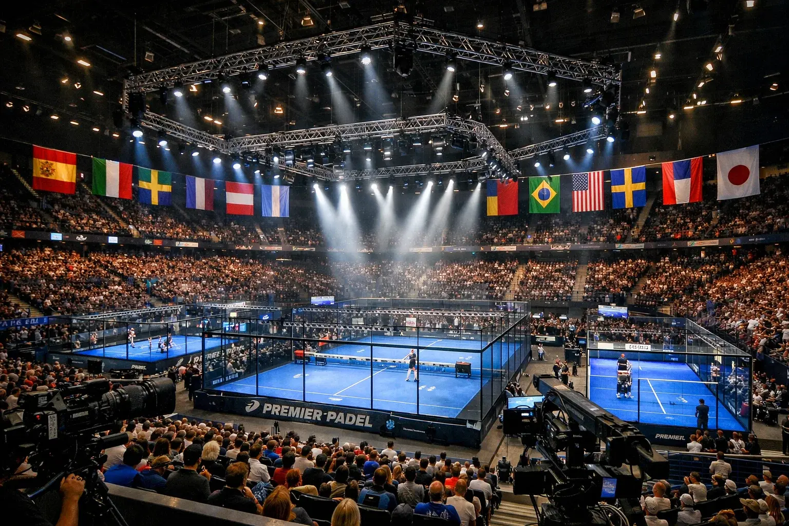 Jugadores profesionales compitiendo en torneo Premier Padel