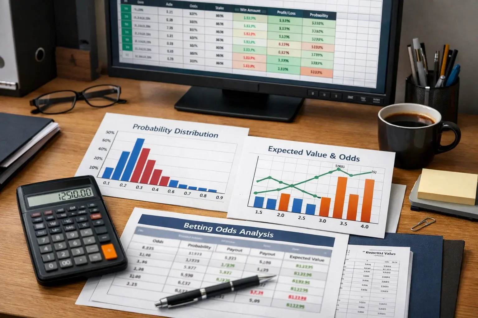 Calculadora y gráficos de probabilidad sobre escritorio de análisis